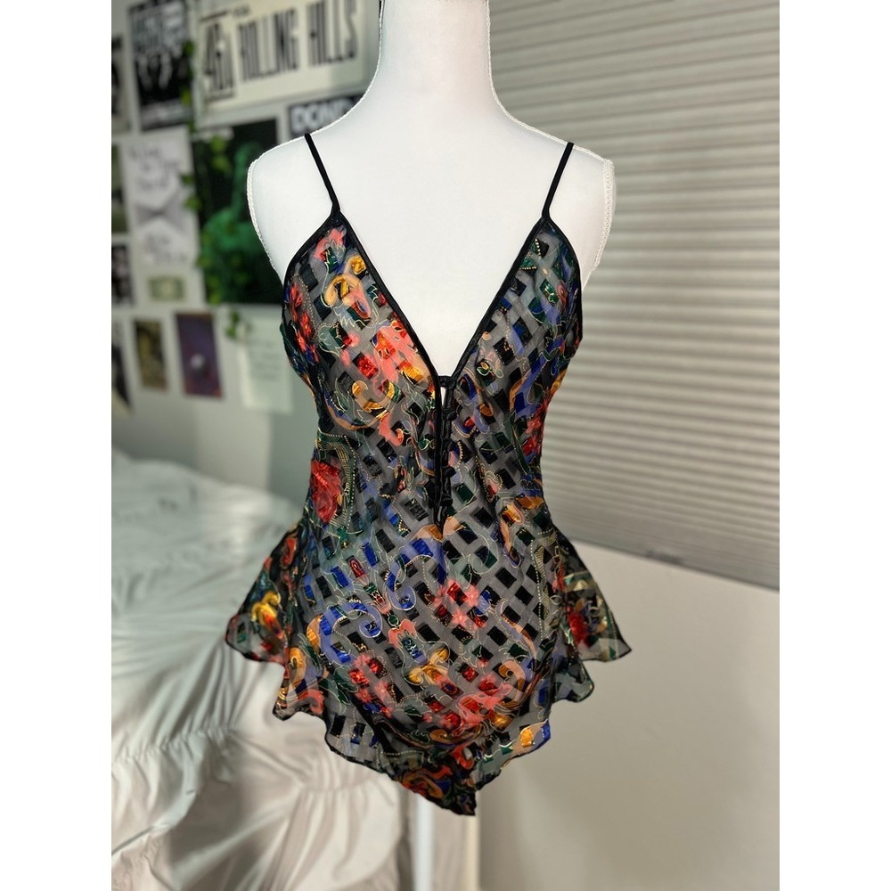 Gold Label Victoria's Secret Vintage Teddy M Floral Sheer Mesh Black Multicolor - Picture 5 of 7